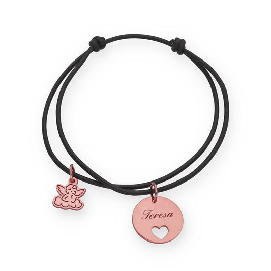 Pulsera Angelito macramé dije con nombre en Plata de Ley 925 y baño Oro rosa 18k