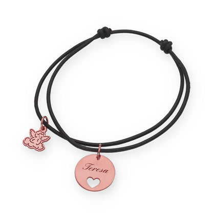 Pulsera Angelito macramé dije con nombre en Plata de Ley 925 y baño Oro rosa 18k