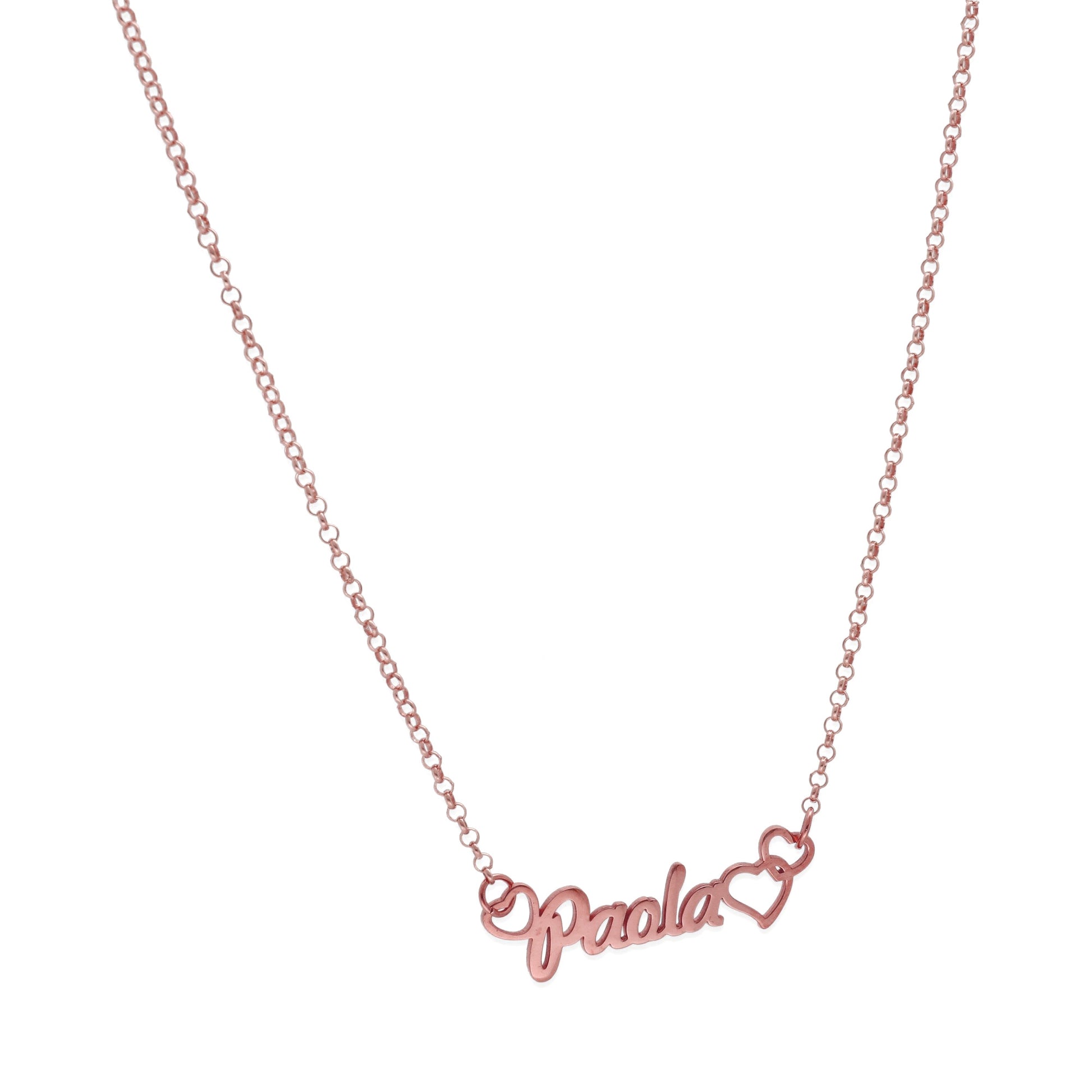 Colgante Nombre con Corazones Nusa en Plata de Ley 925 y baño Oro rosa 18k