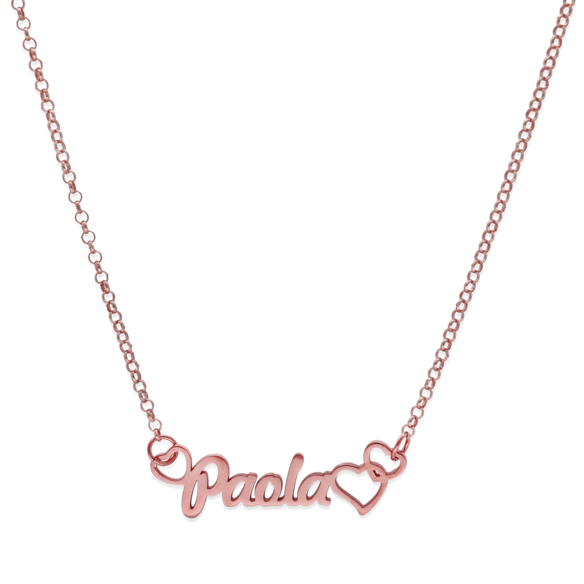 Colgante Nombre con Corazones Nusa en Plata de Ley 925 y baño Oro rosa 18k