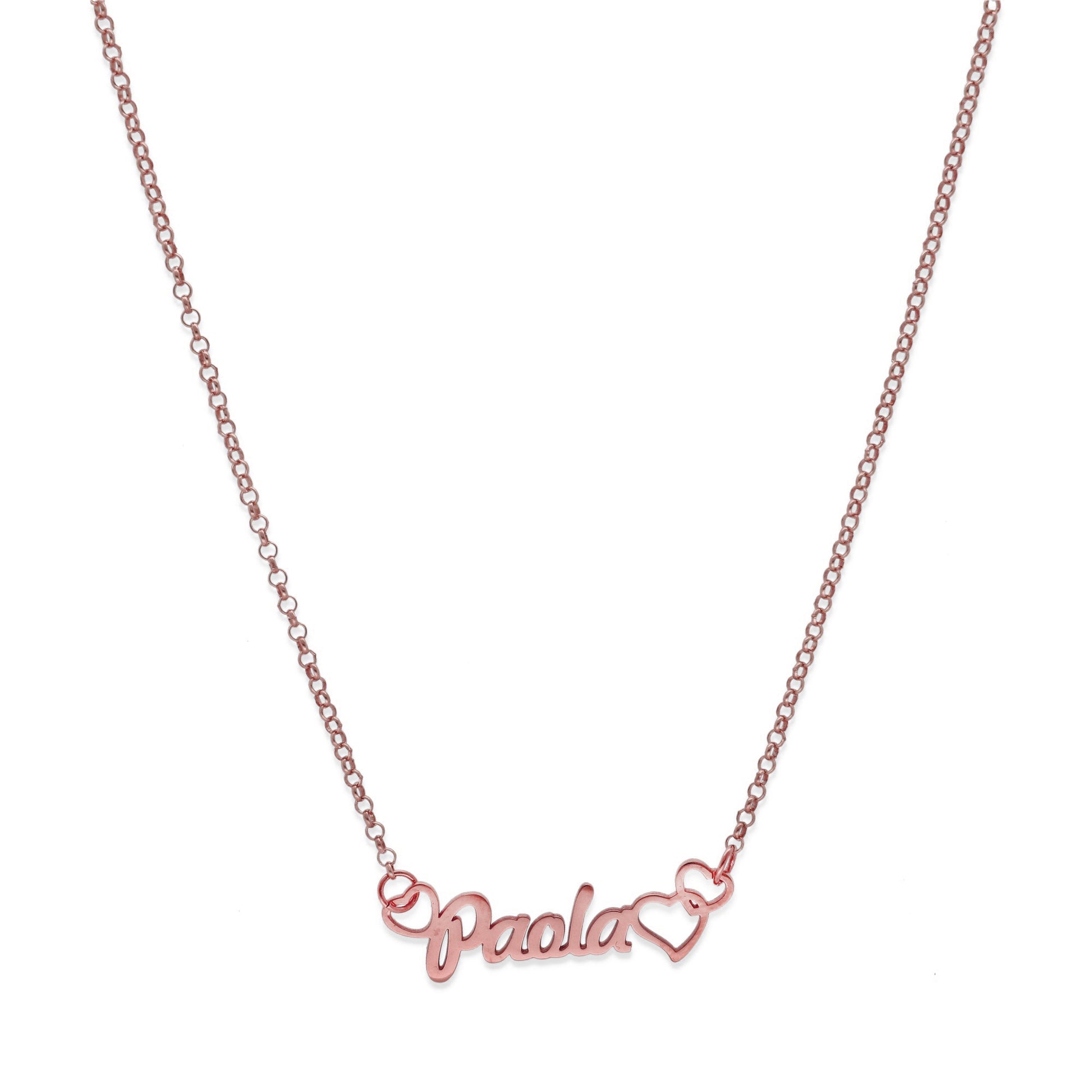 Colgante Nombre con Corazones Nusa en Plata de Ley 925 y baño Oro rosa 18k