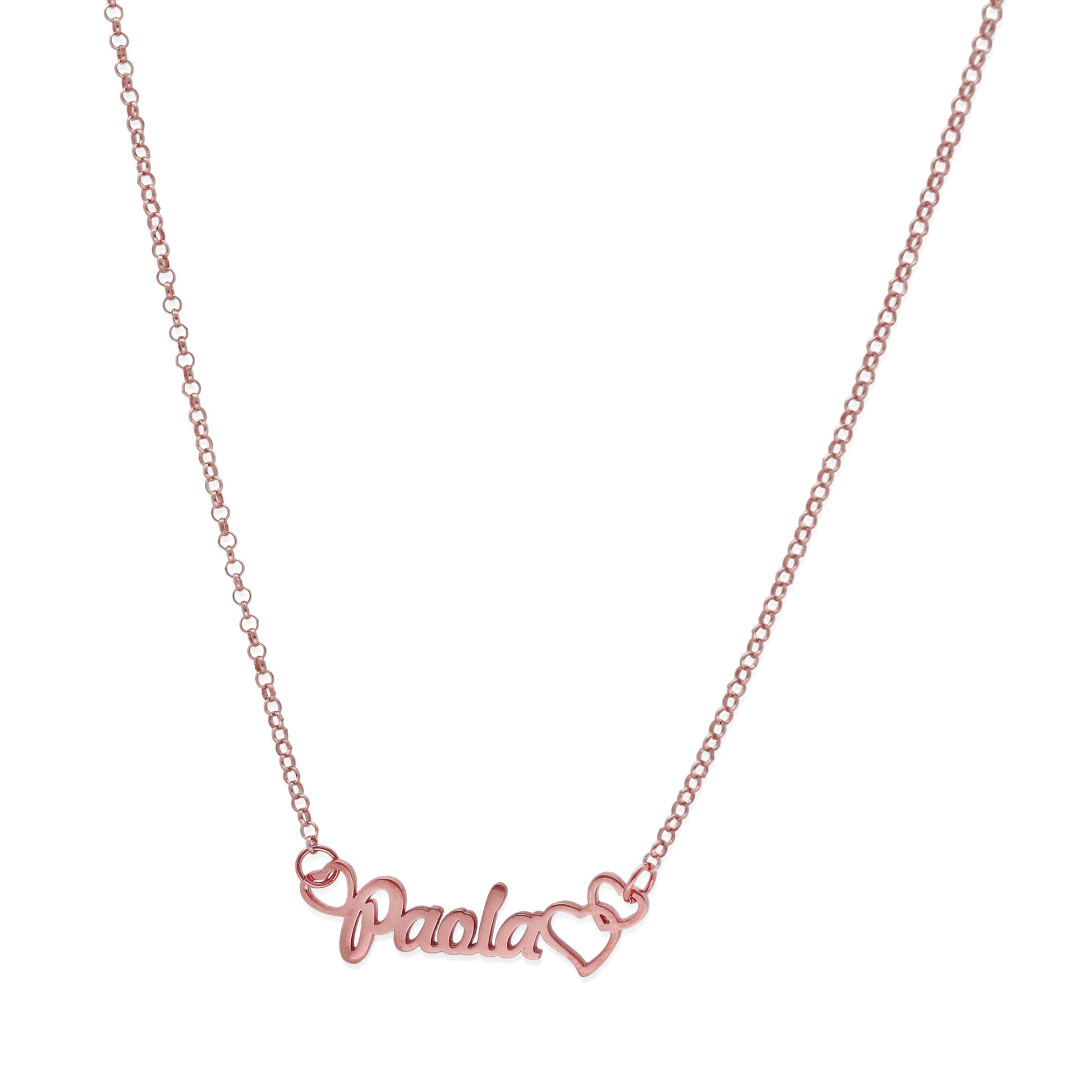 Colgante Nombre con Corazones Nusa en Plata de Ley 925 y baño Oro rosa 18k