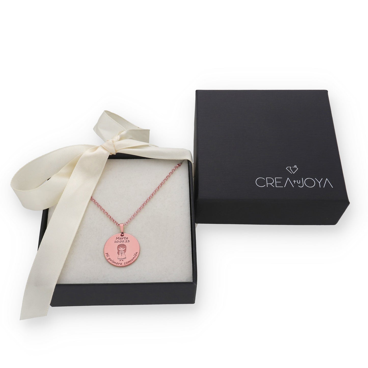 Colgante Medalla Niña Comunión en Plata de Ley 925 y baño Oro rosa 18k