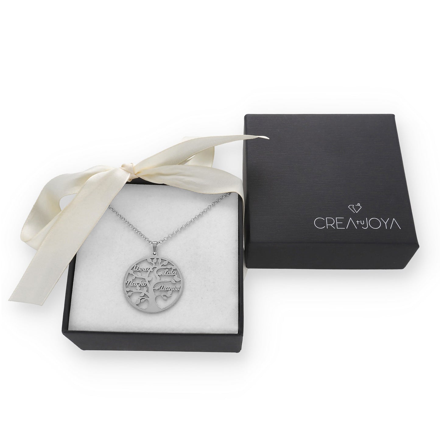 Colgante Árbol de la vida con nombres en Plata de Ley 925 y baño Oro rosa 18k.