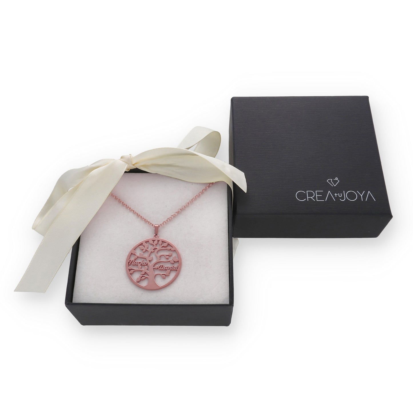 Colgante Árbol de la vida con nombres en Plata de Ley 925 y baño Oro rosa 18k.