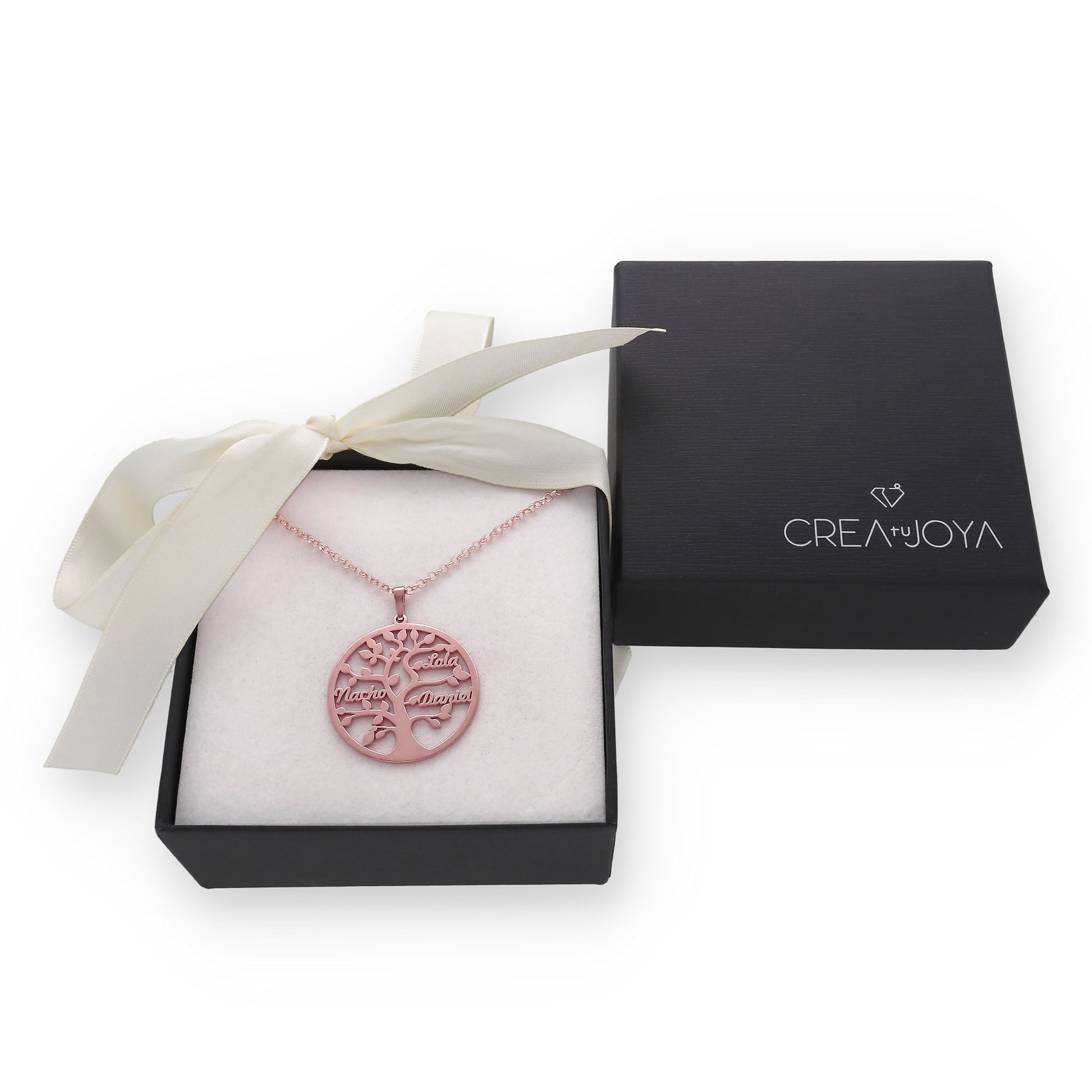 Colgante Árbol de la vida con nombres en Plata de Ley 925 y baño Oro rosa 18k.