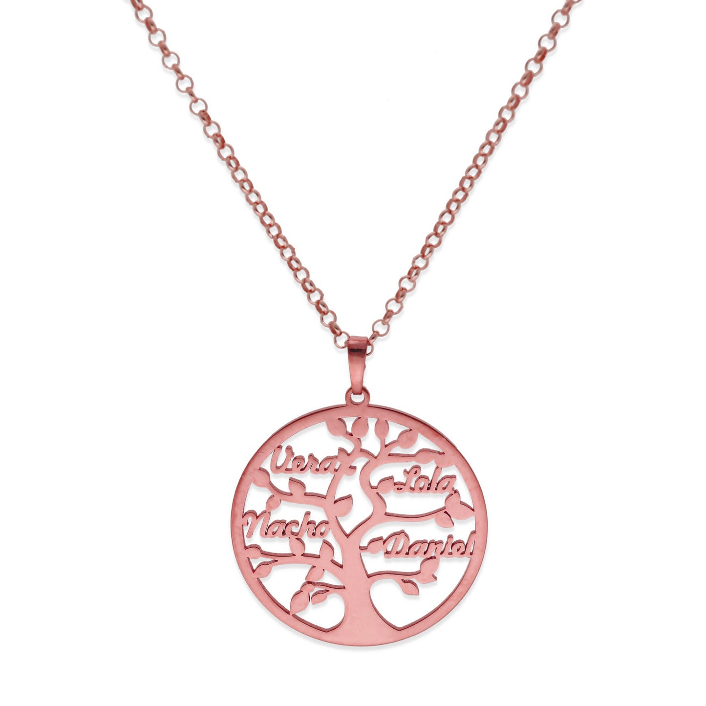 Colgante Árbol de la vida con nombres en Plata de Ley 925 y baño Oro rosa 18k.