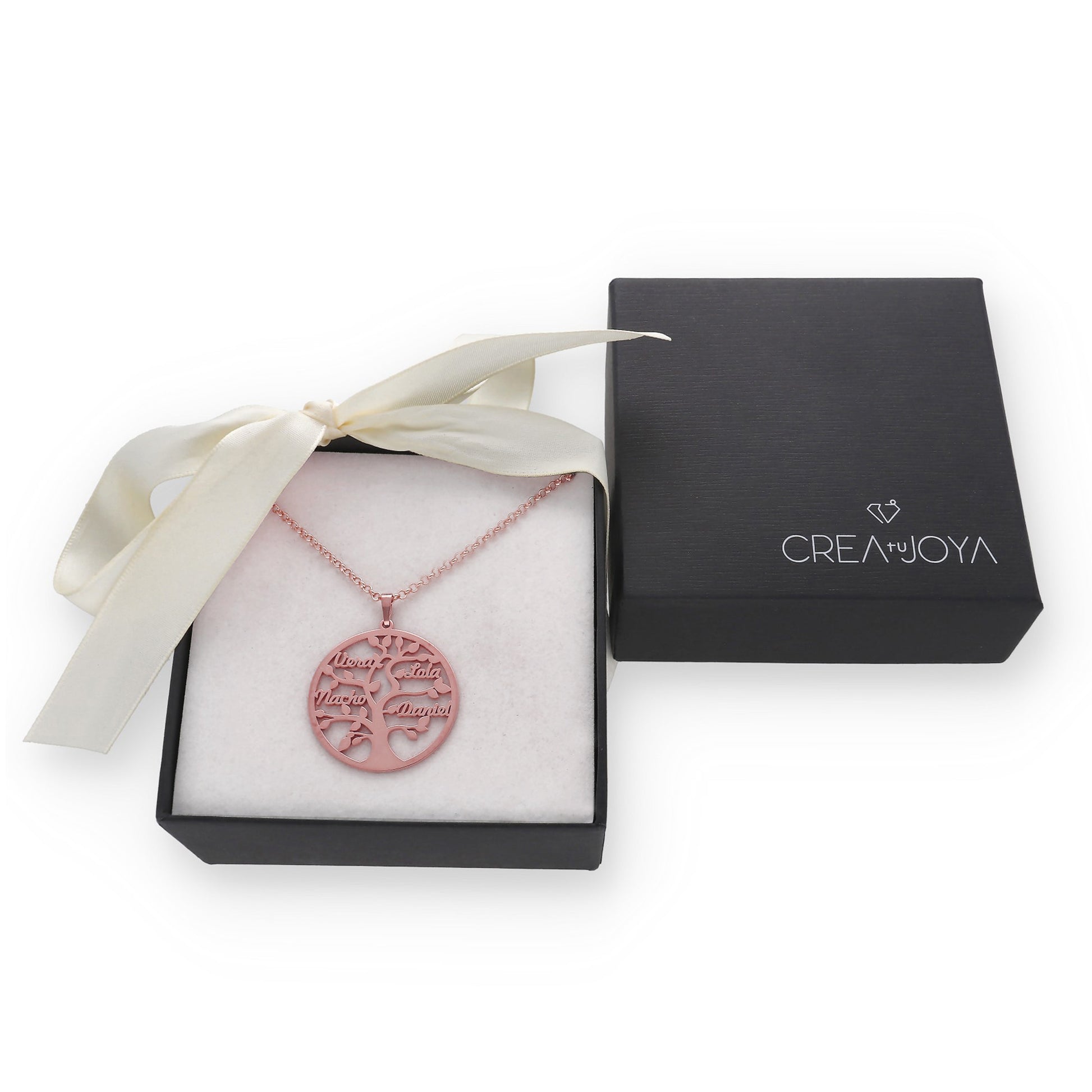 Colgante Árbol de la vida con nombres en Plata de Ley 925 y baño Oro rosa 18k.