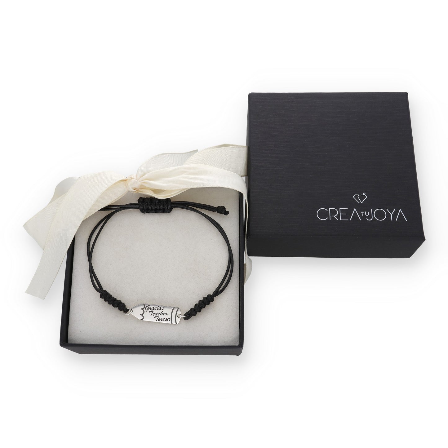 Pulsera Lápiz Gracias Profe en Plata de Ley 925 y macramé con baño Oro 18k