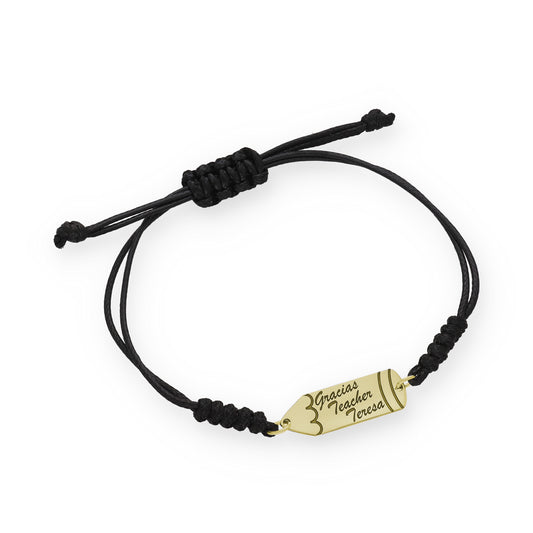 Pulsera Lápiz Gracias Profe en Plata de Ley 925 y macramé con baño Oro 18k