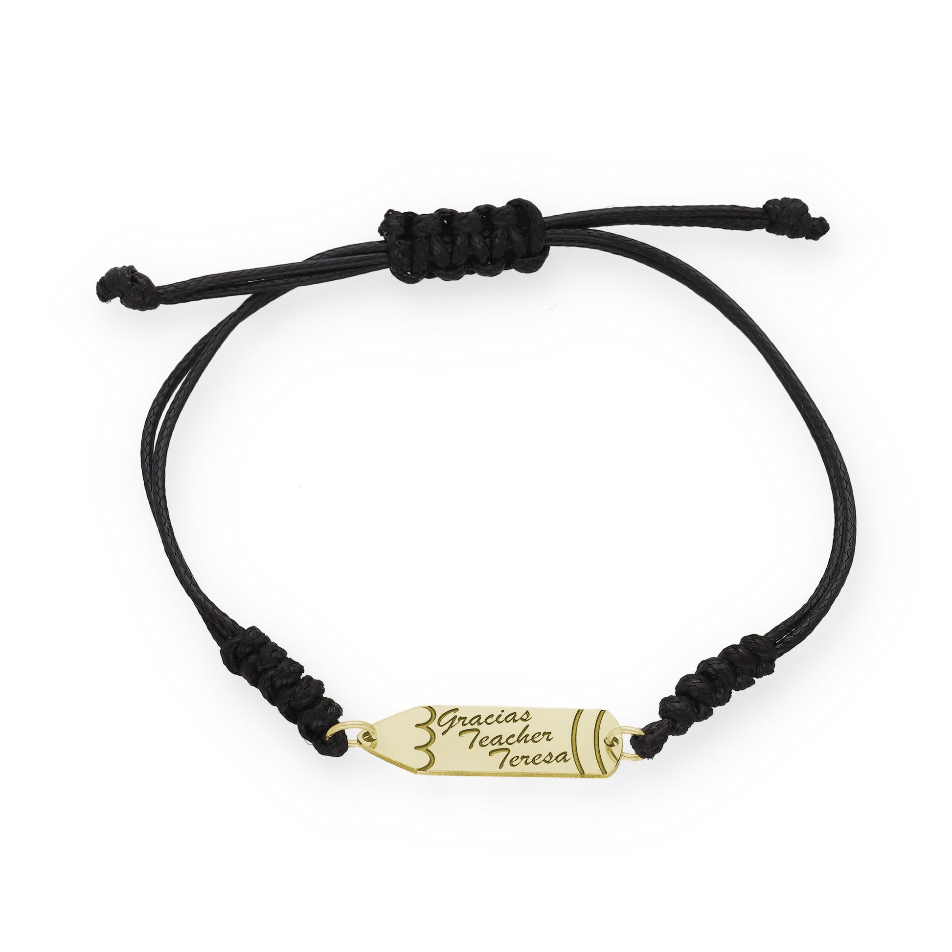 Pulsera Lápiz Gracias Profe en Plata de Ley 925 y macramé con baño Oro 18k