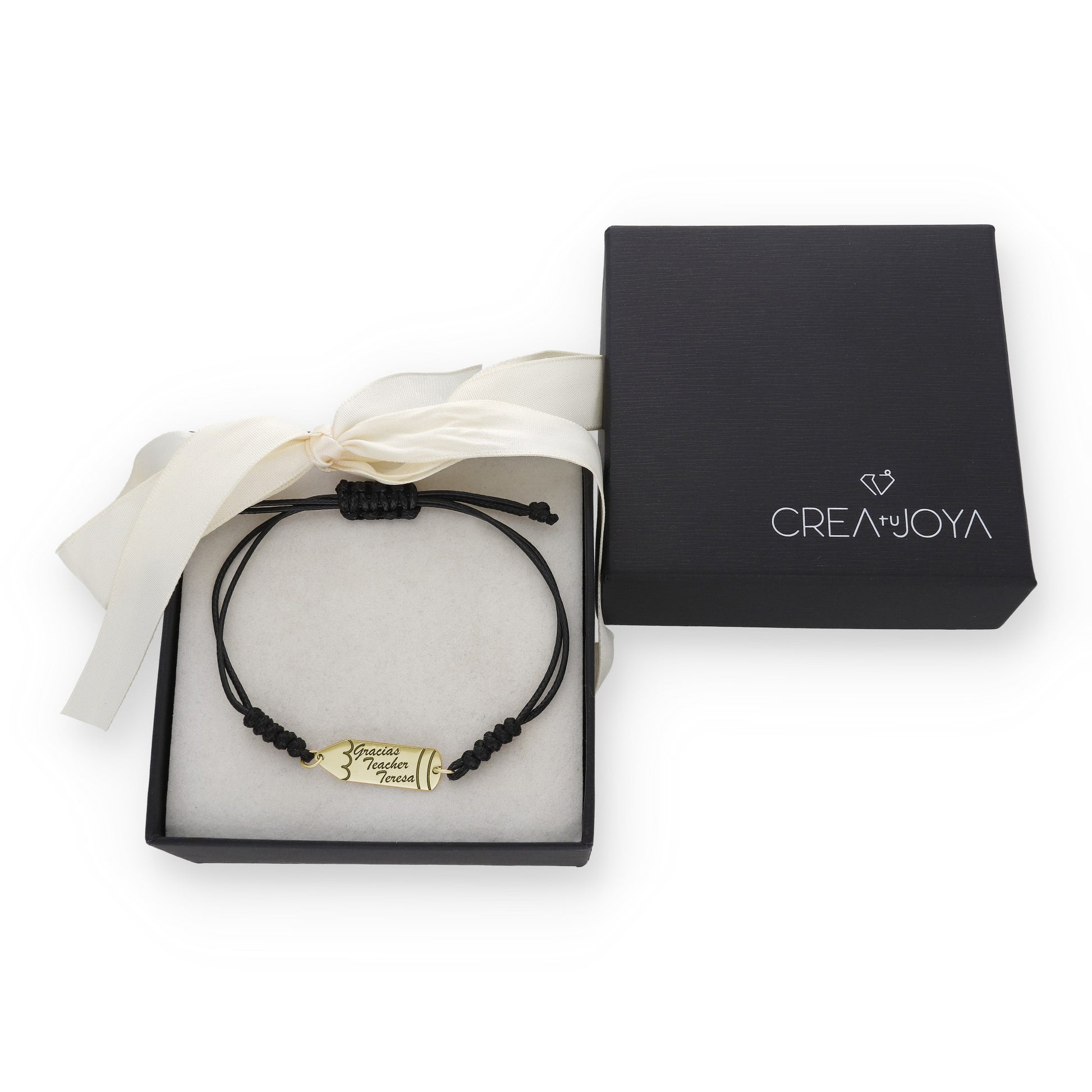 Pulsera Lápiz Gracias Profe en Plata de Ley 925 y macramé con baño Oro 18k