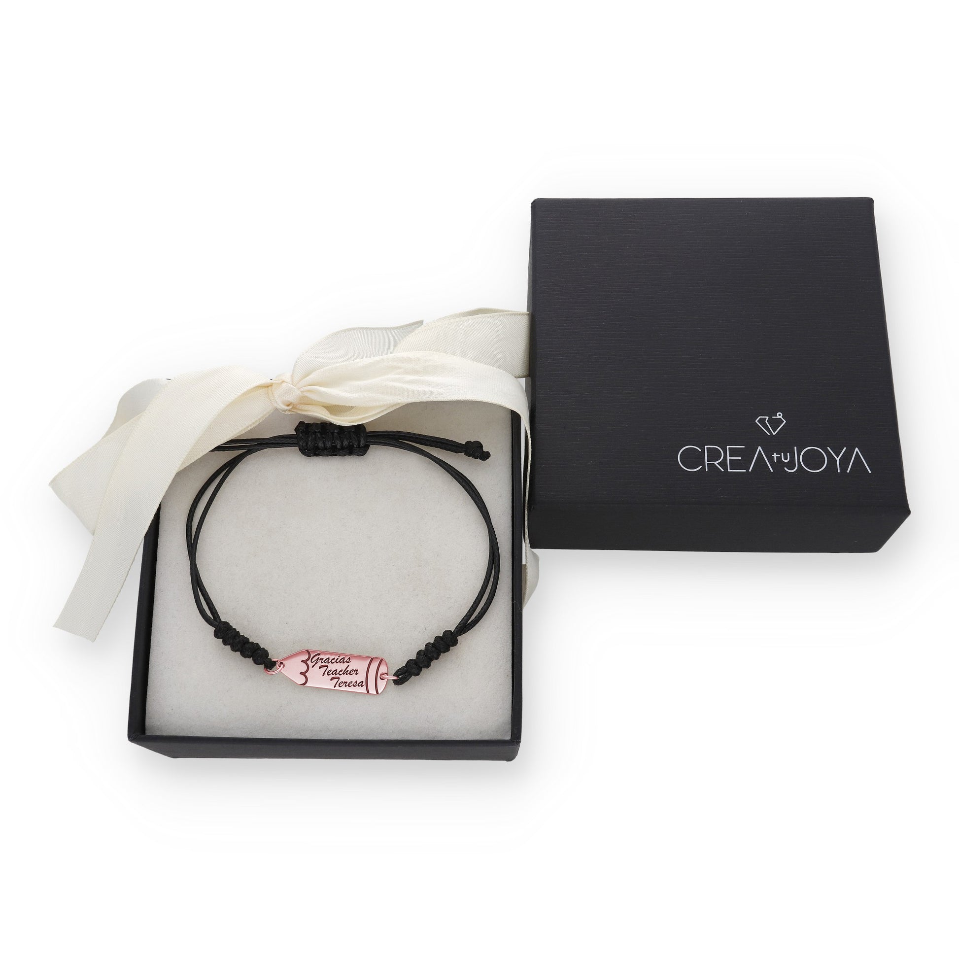 Pulsera Lápiz Gracias Profe en Plata de Ley 925 y macramé con baño Oro 18k