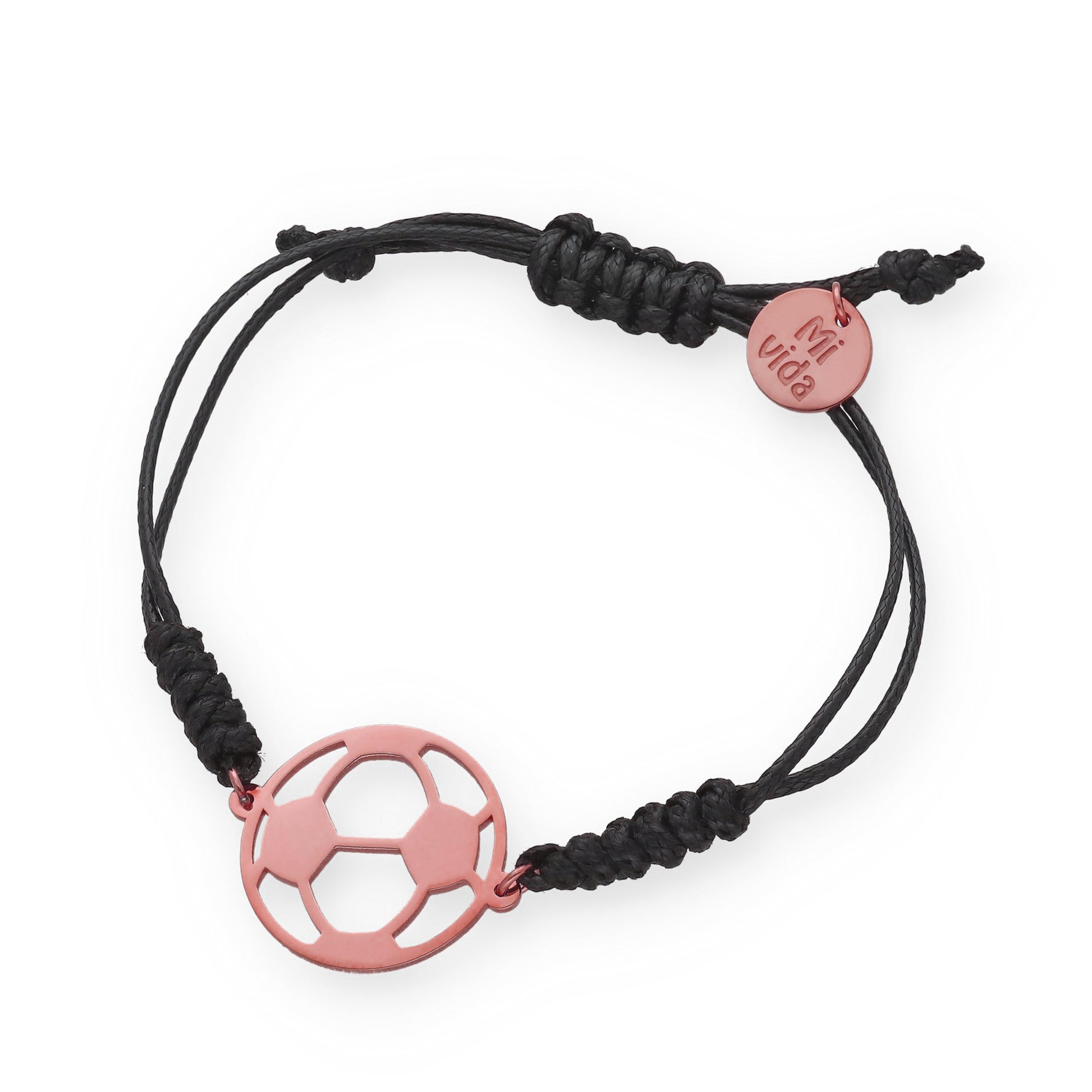 Pulsera Balón Fútbol con macramé en Plata de Ley 925 y baño Oro rosa 18k.