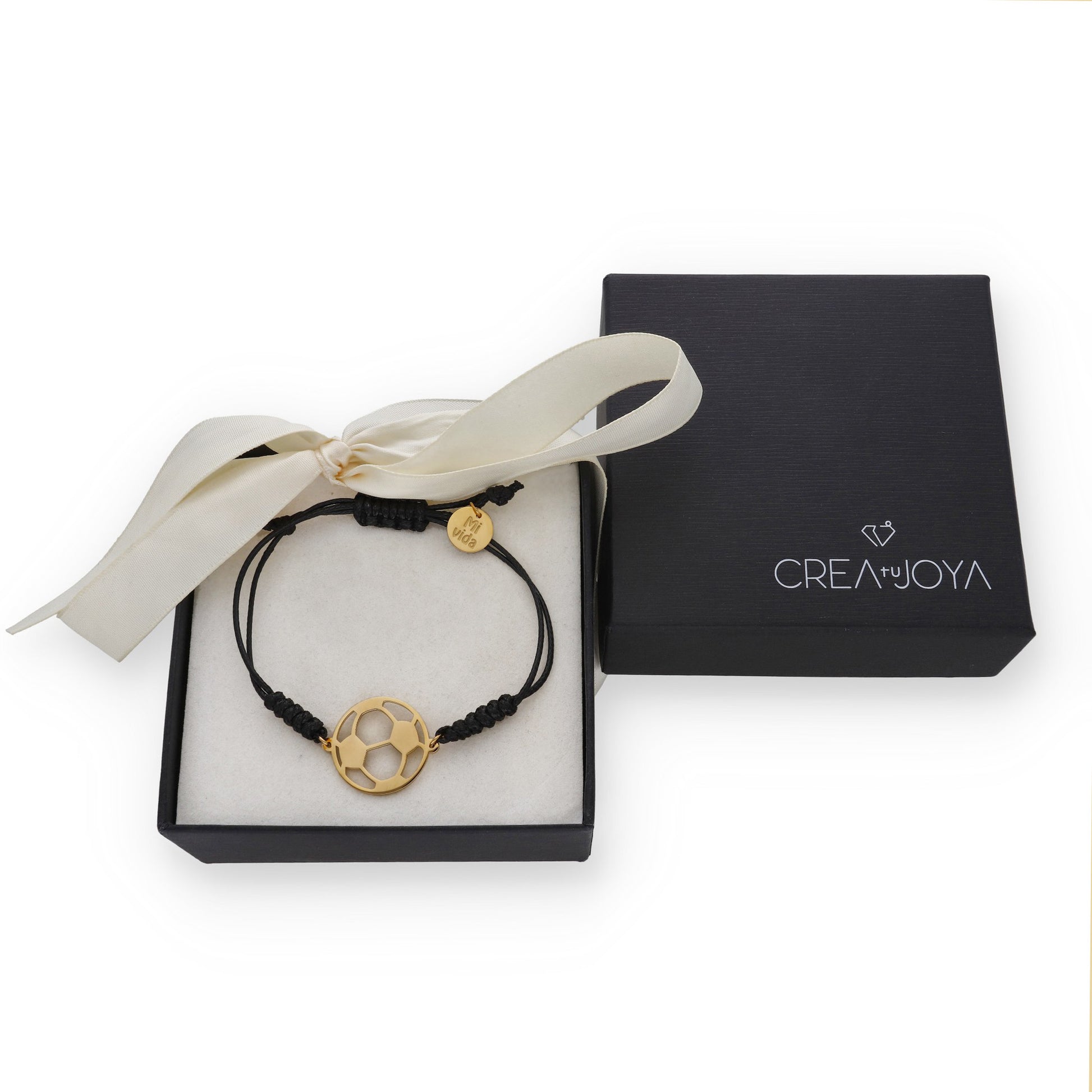 Pulsera Balón Fútbol con macramé en Plata de Ley 925 y baño Oro rosa 18k.