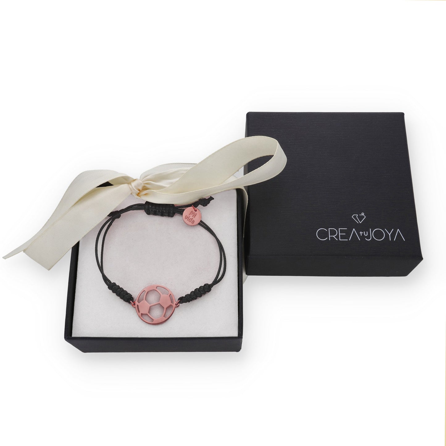 Pulsera Balón Fútbol con macramé en Plata de Ley 925 y baño Oro rosa 18k.