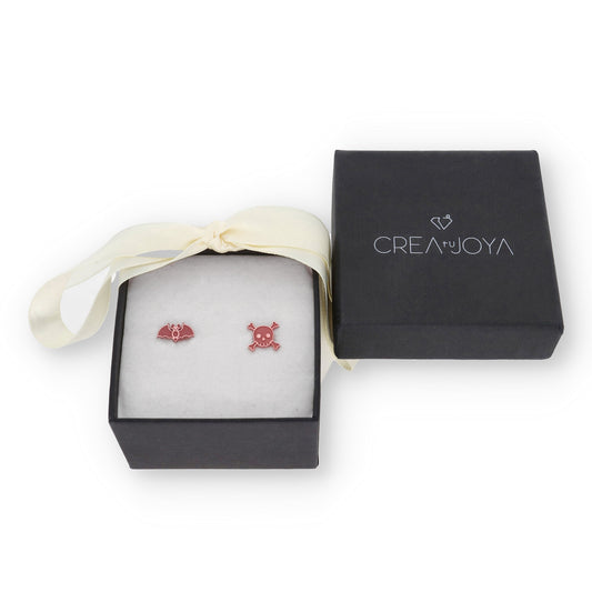 Pendientes Murciélago/Calavera Halloween en Plata de Ley 925 y baño Oro rosa 18k