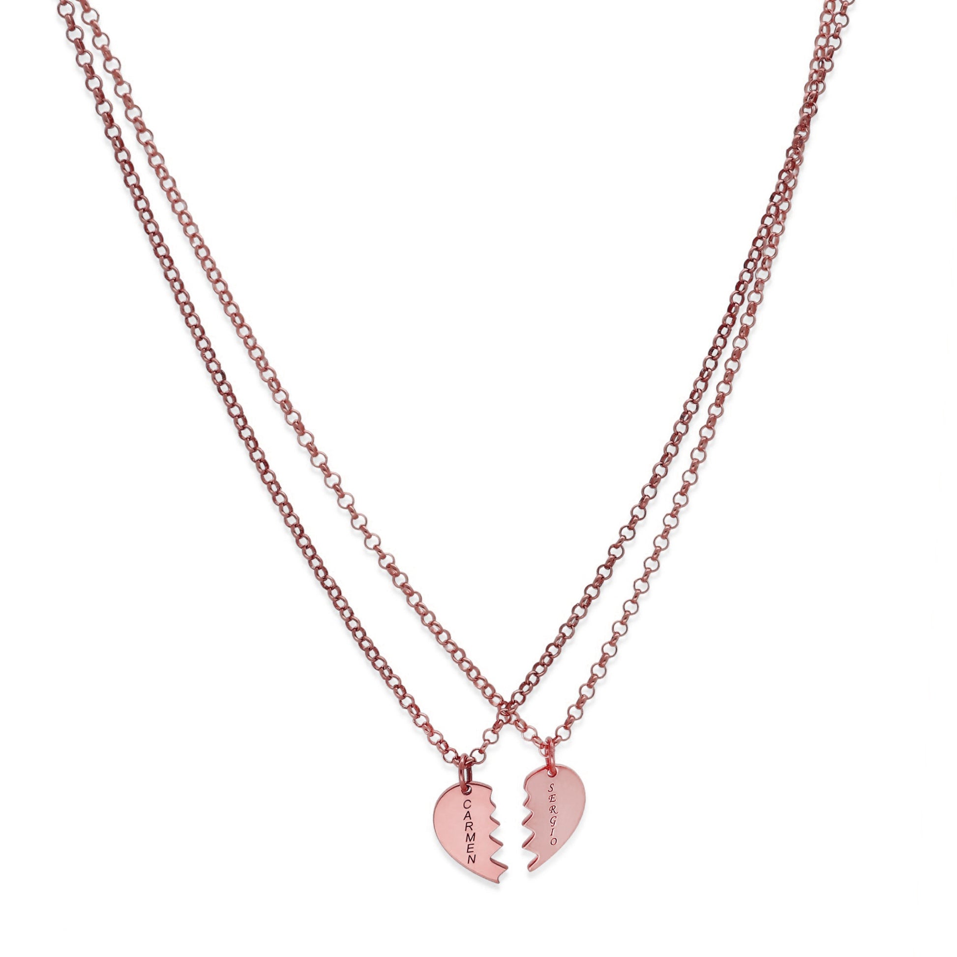 Colgante doble Corazón Partido en Plata de Ley 925 y baño Oro rosa 18k