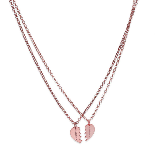 Colgante doble Corazón Partido en Plata de Ley 925 y baño Oro rosa 18k