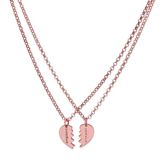 Colgante doble Corazón Partido en Plata de Ley 925 y baño Oro rosa 18k