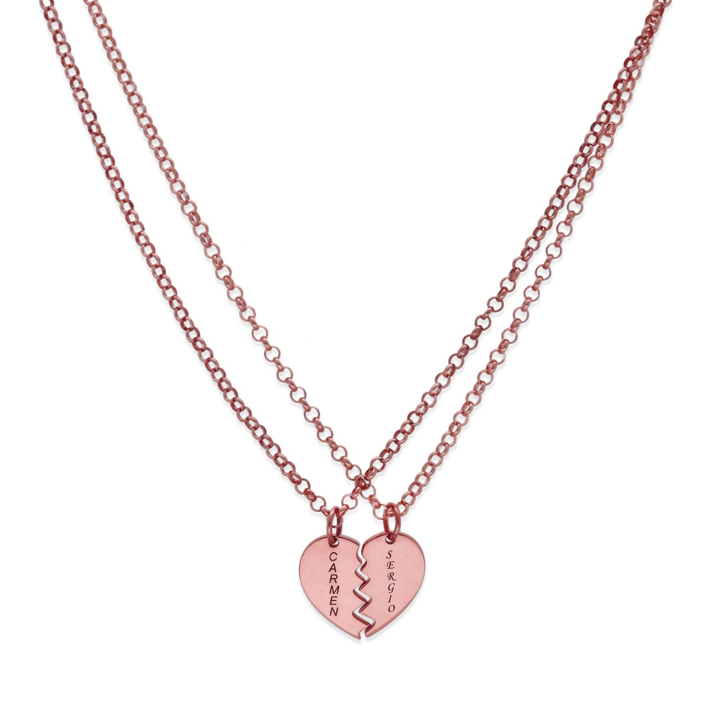 Colgante doble Corazón Partido en Plata de Ley 925 y baño Oro rosa 18k