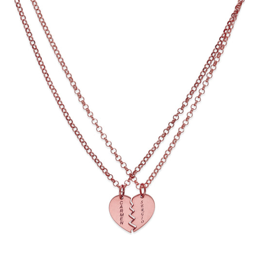 Colgante doble Corazón Partido en Plata de Ley 925 y baño Oro rosa 18k