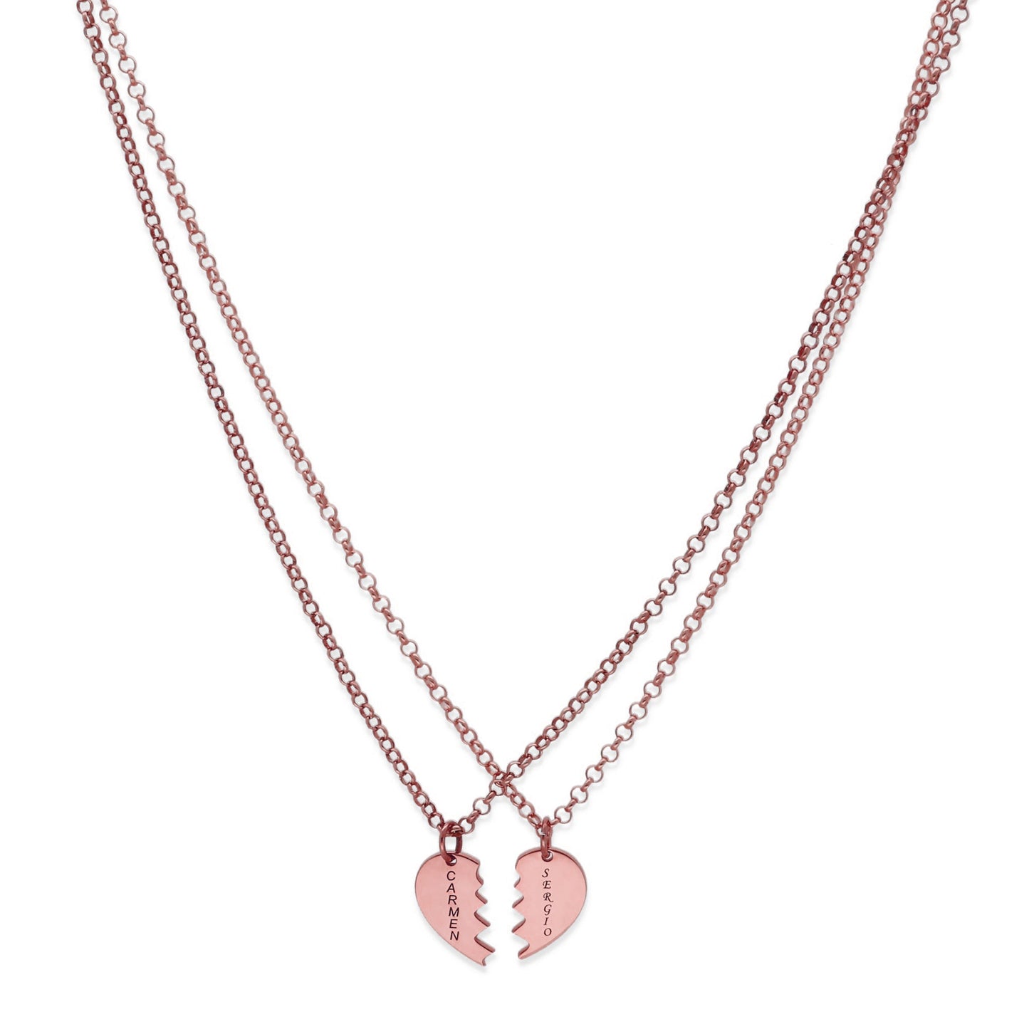 Colgante doble Corazón Partido en Plata de Ley 925 y baño Oro rosa 18k