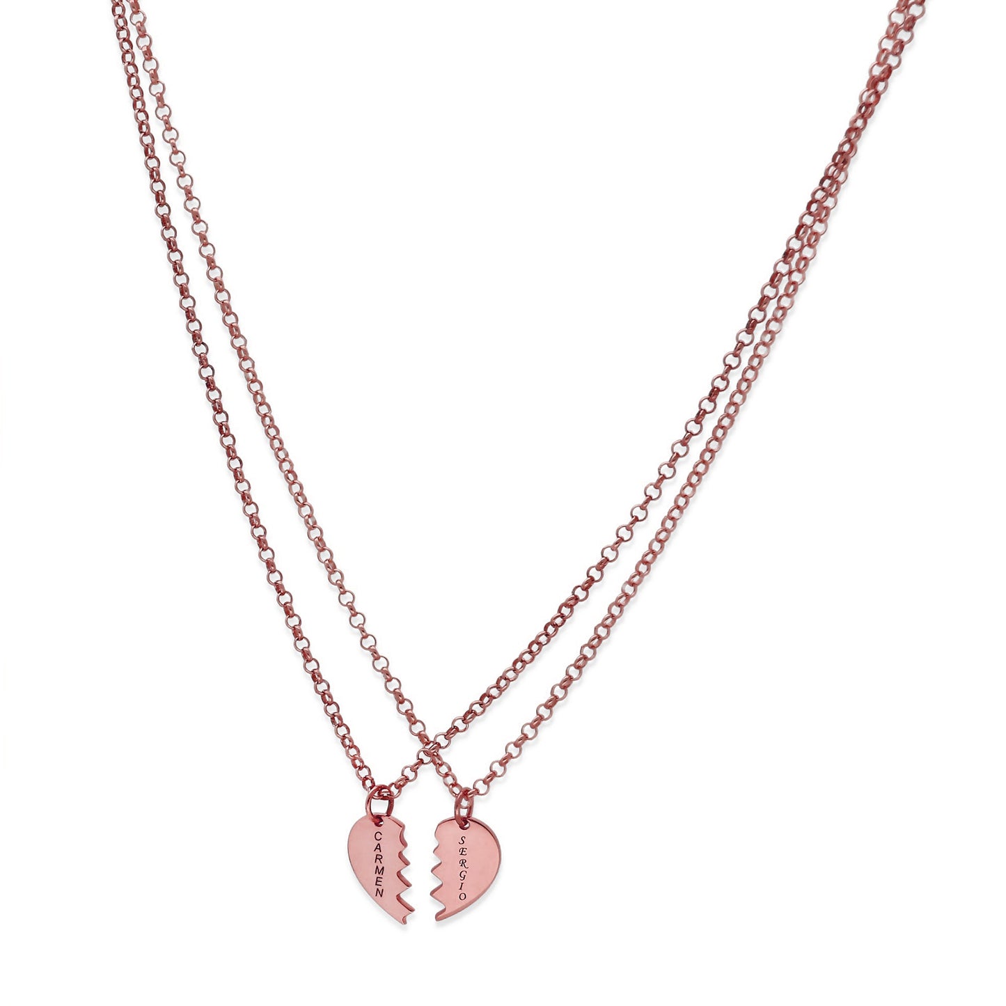 Colgante doble Corazón Partido en Plata de Ley 925 y baño Oro rosa 18k