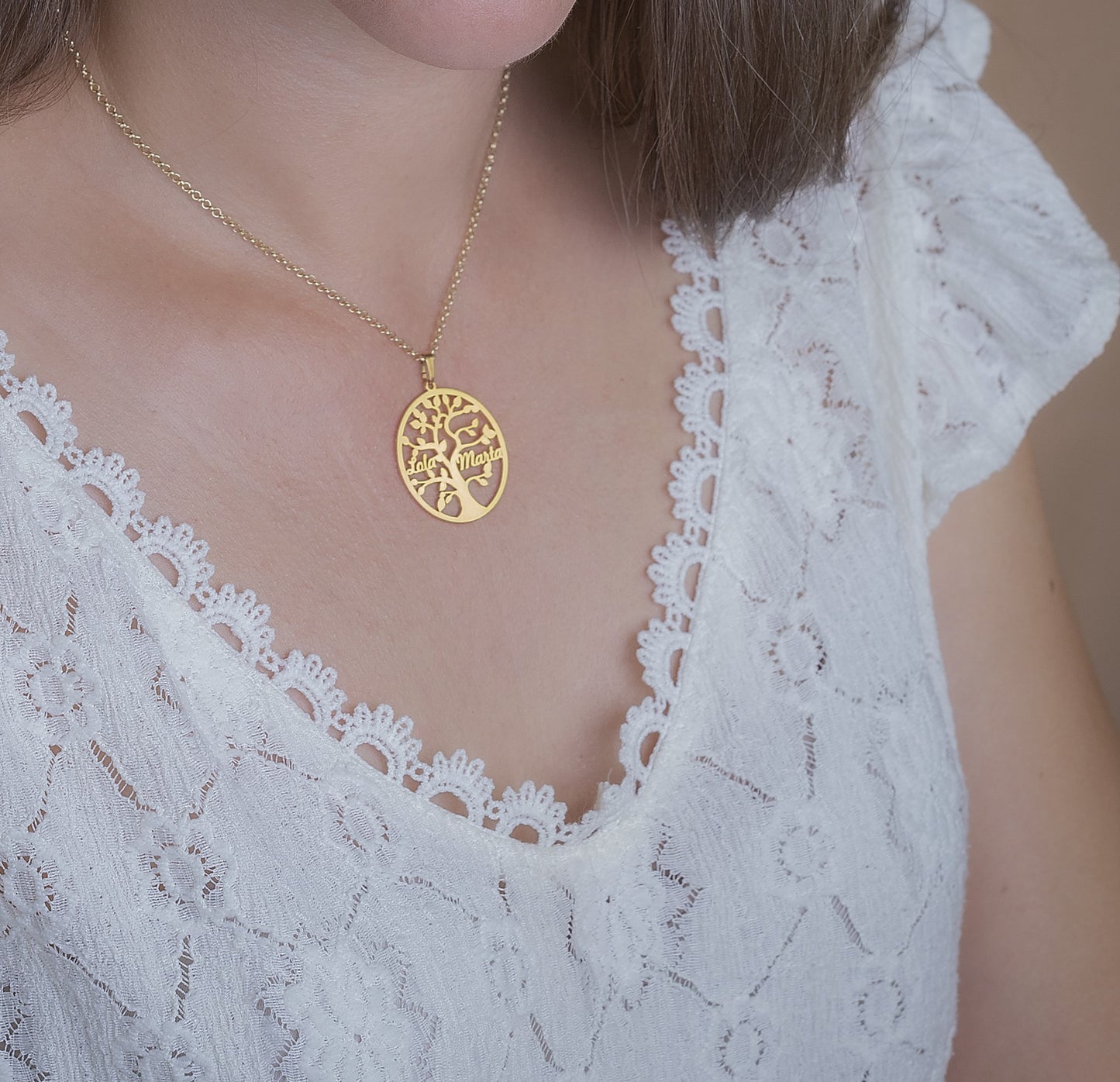 Colgante Árbol de la vida con nombres en Plata de Ley 925 y baño Oro 18k