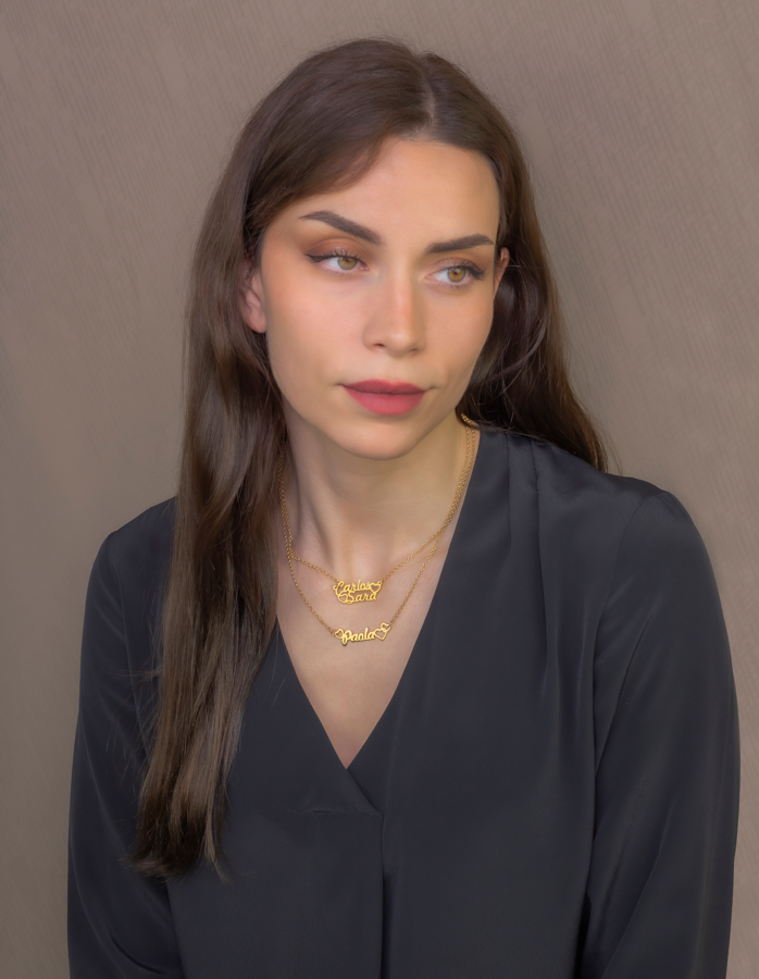 Colgante Nombre con Corazones Nusa en Plata de Ley 925 y baño Oro rosa 18k