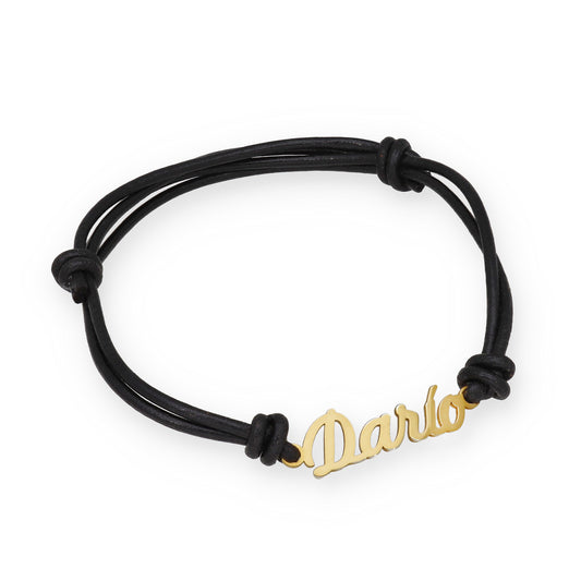 Pulsera Nombre Personalizado en Plata de Ley 925 con baño Oro 18k y Cuero