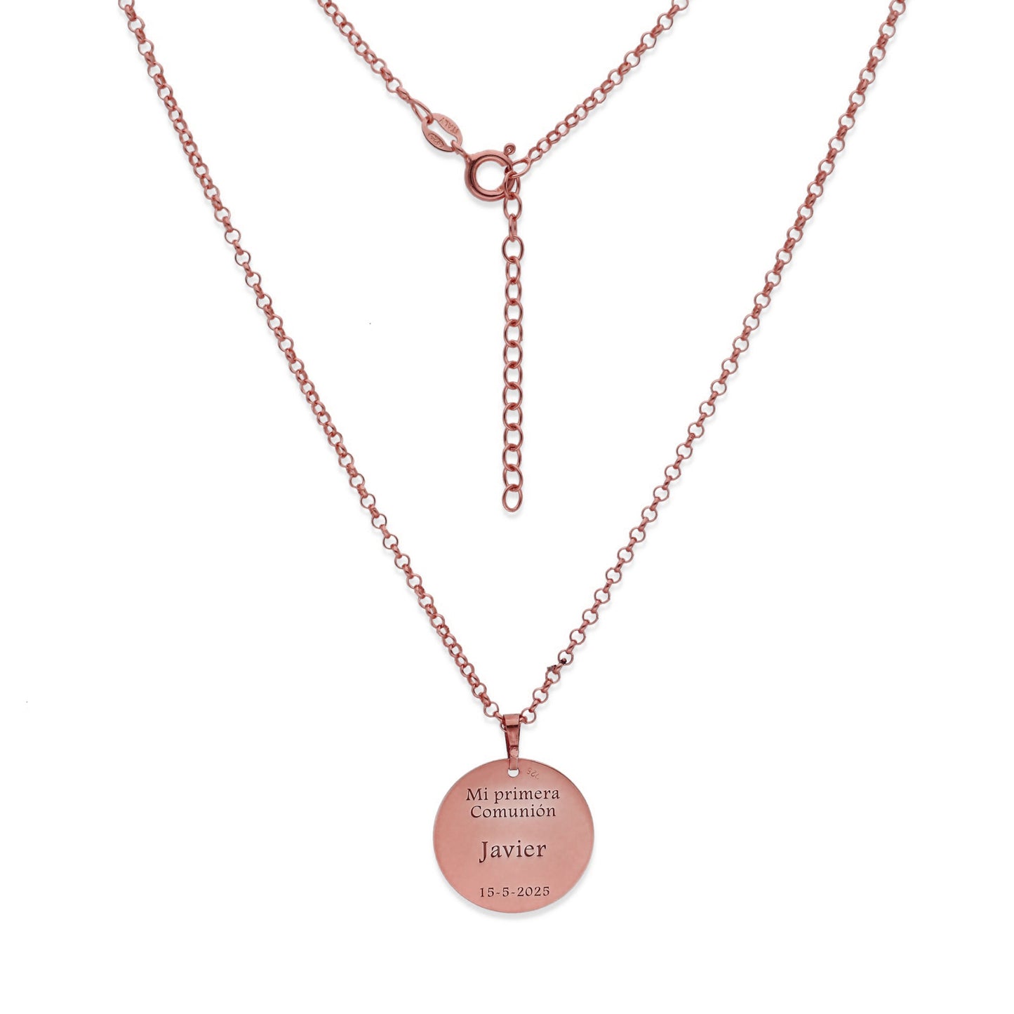 Colgante Medalla Virgen Comunión en Plata de Ley 925 y baño Oro rosa 18k