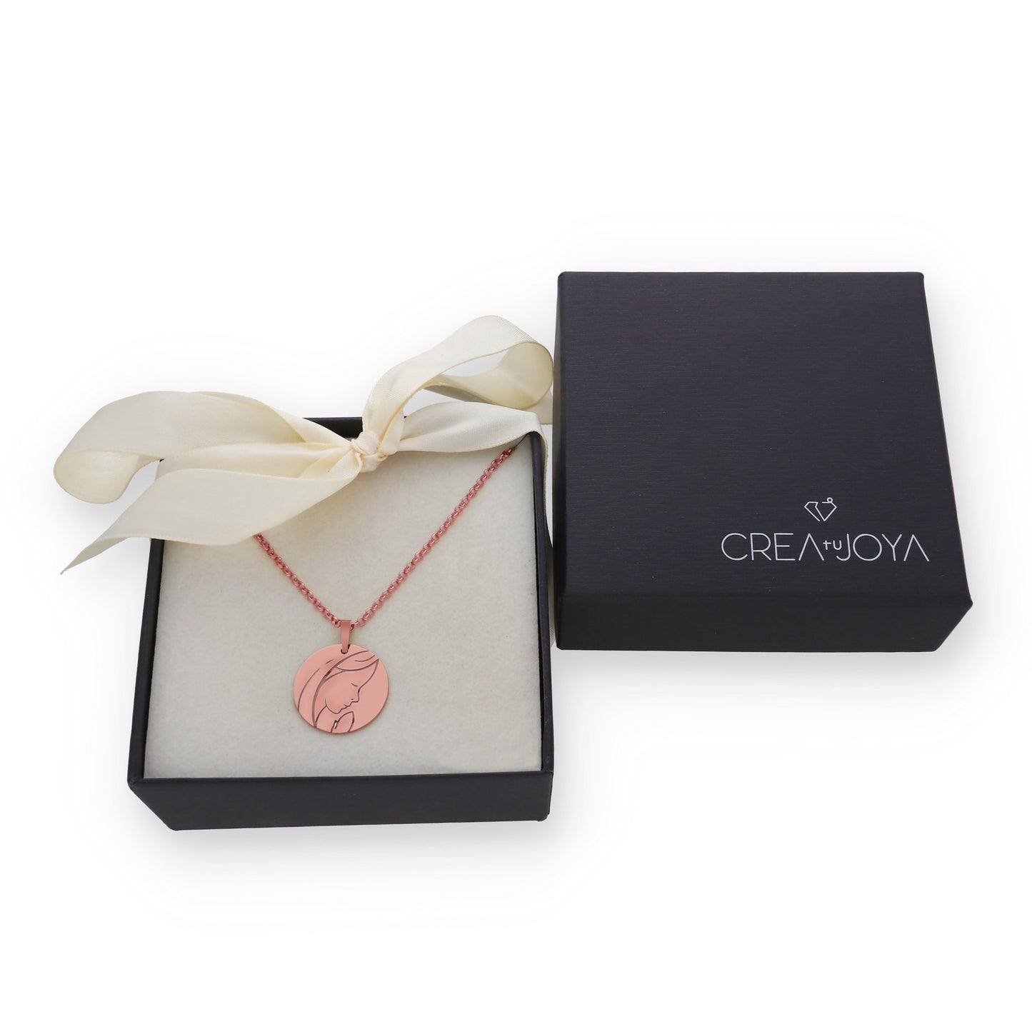 Colgante Medalla Virgen Comunión en Plata de Ley 925 y baño Oro rosa 18k