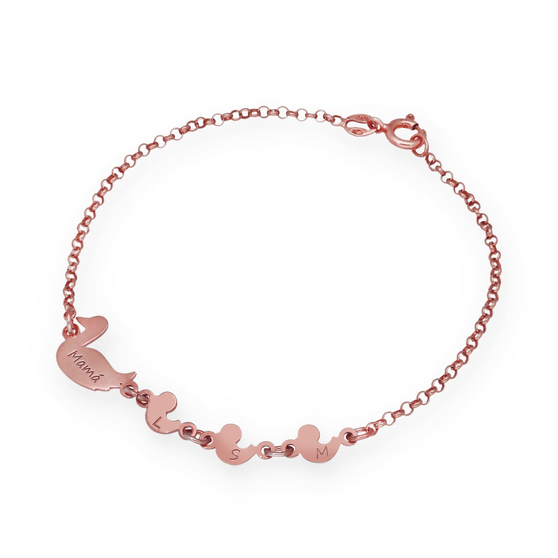 Pulsera Patitos en Plata de Ley 925 y baño Oro Rosa 18k