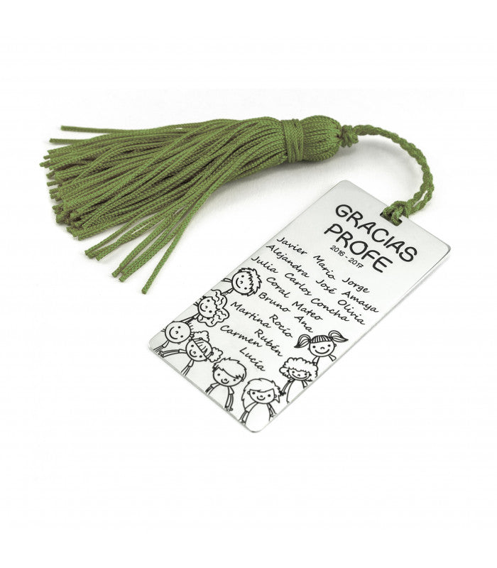 Marcapáginas de plata Gracias profe con niños