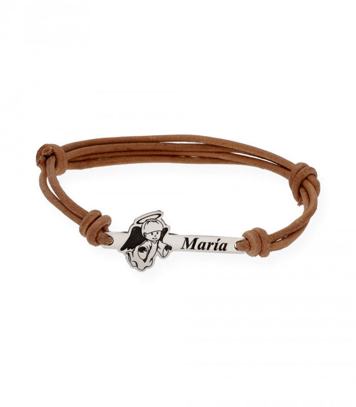 Pulsera de cuero marrón Ángel de comunión