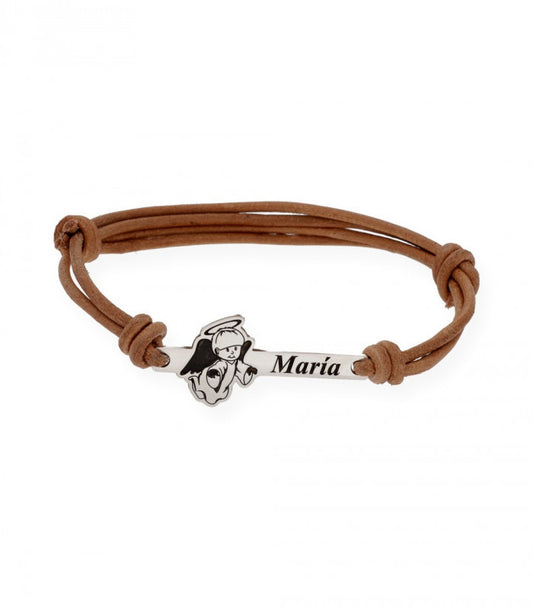 Pulsera de cuero marrón Ángel de comunión