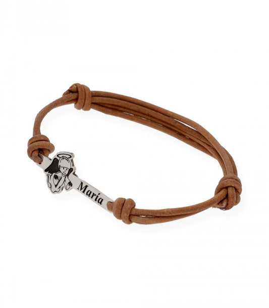 Pulsera de cuero marrón Ángel de comunión