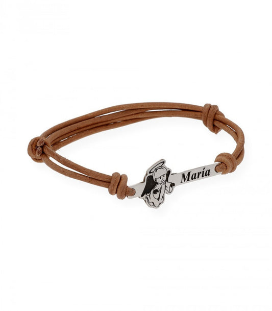 Pulsera de cuero marrón Ángel de comunión
