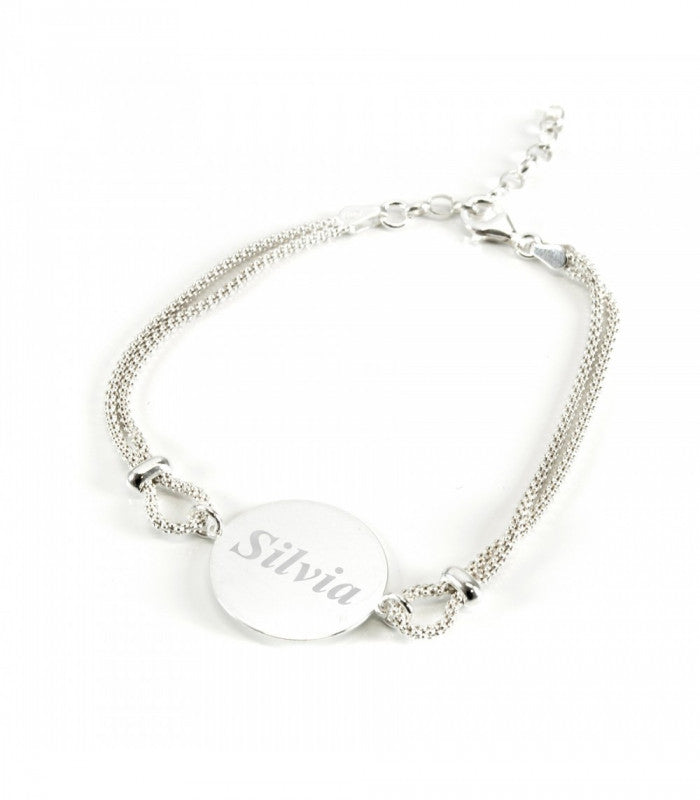 Pulsera de plata de ley con chapa redonda y cordón doble
