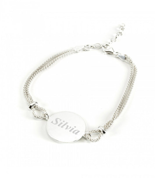 Pulsera de plata de ley con chapa redonda y cordón doble