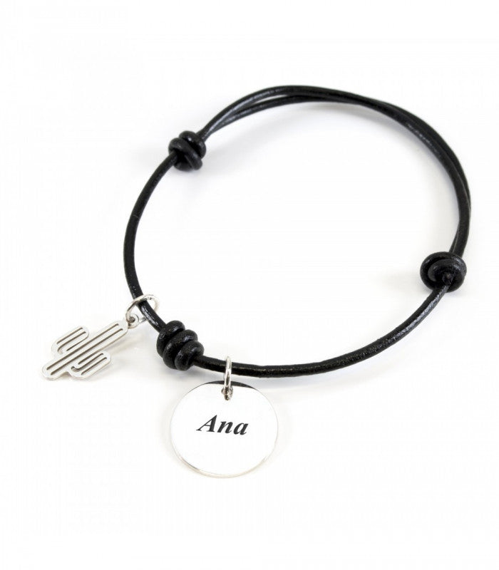 Pulsera de cuero con dije y cactus