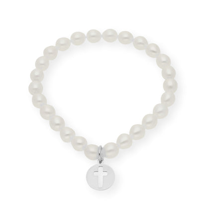 Pulsera de Perlas para Comunión con Medalla de Cruz en Plata 925