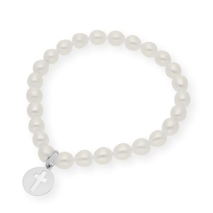 Pulsera de Perlas para Comunión con Medalla de Cruz en Plata 925