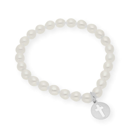 Pulsera de Perlas para Comunión con Medalla de Cruz en Plata 925