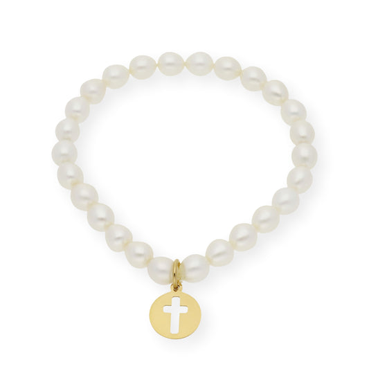 Pulsera de Perlas para Comunión con Medalla de Cruz en Plata 925