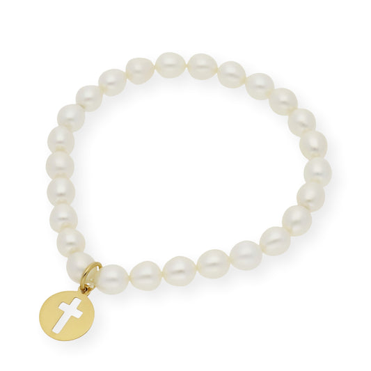 Pulsera de Perlas para Comunión con Medalla de Cruz en Plata 925