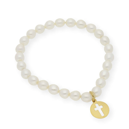 Pulsera de Perlas para Comunión con Medalla de Cruz en Plata 925