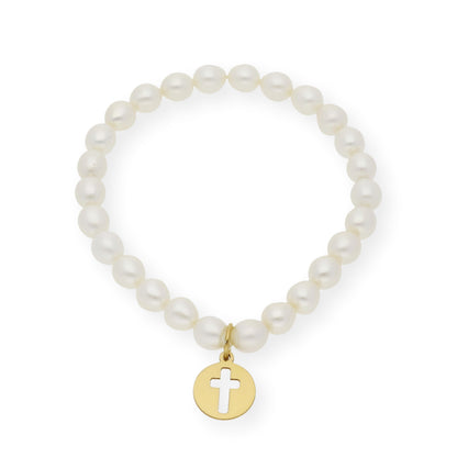 Pulsera de Perlas para Comunión con Medalla de Cruz en Plata 925