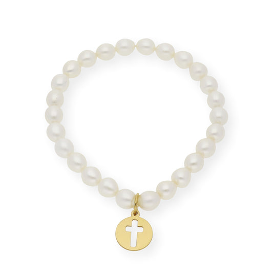 Pulsera de Perlas para Comunión con Medalla de Cruz en Plata 925